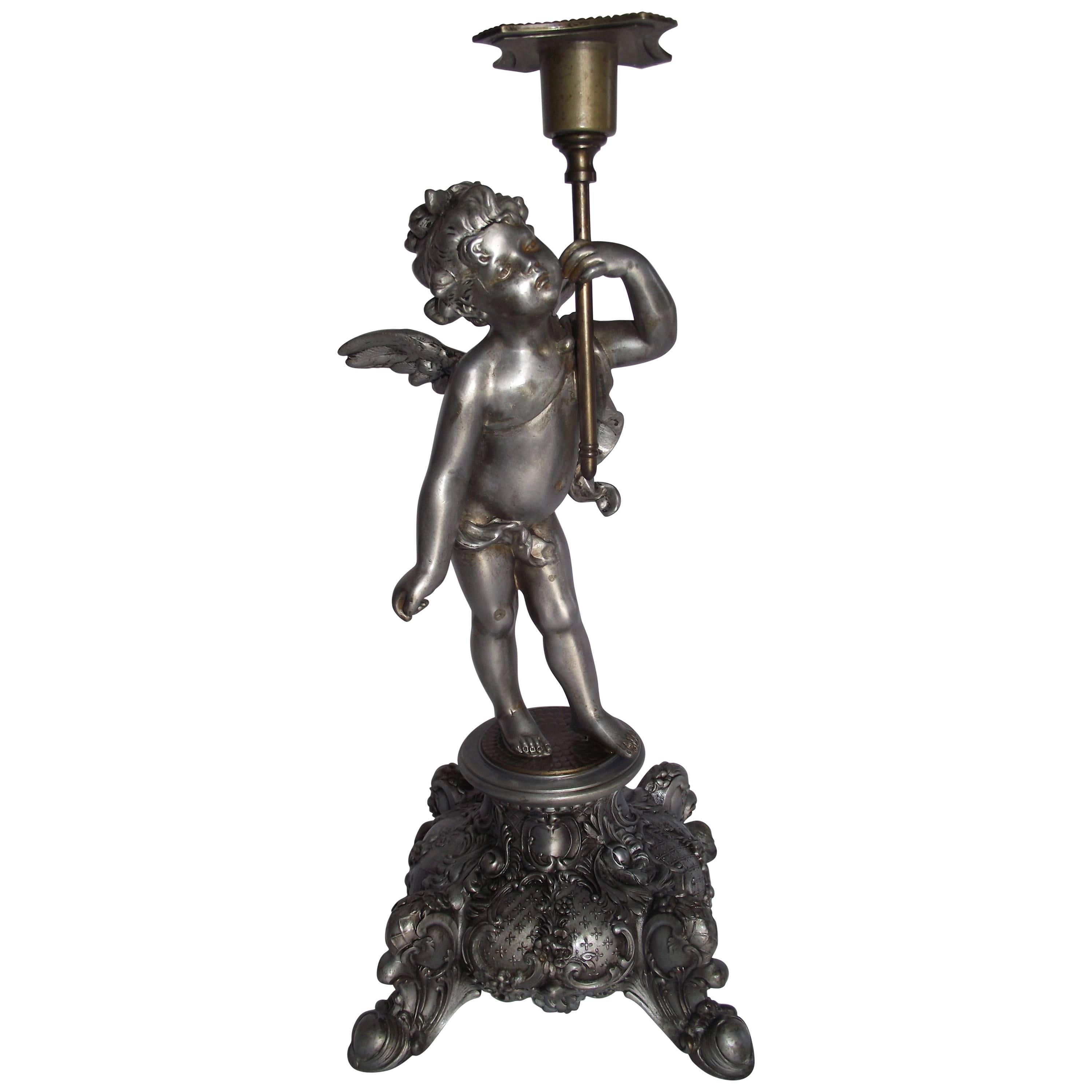 Cherub Candleholder, Pewter Finished White Metal and Brass Candlestick For Sale
