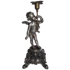 Antique Cherub Candleholder, Pewter Finished White Metal and Brass Candlestick