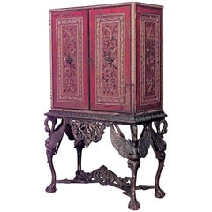 Spanish Renaissance Style Red Silk Cabinet on a Giltwood Base