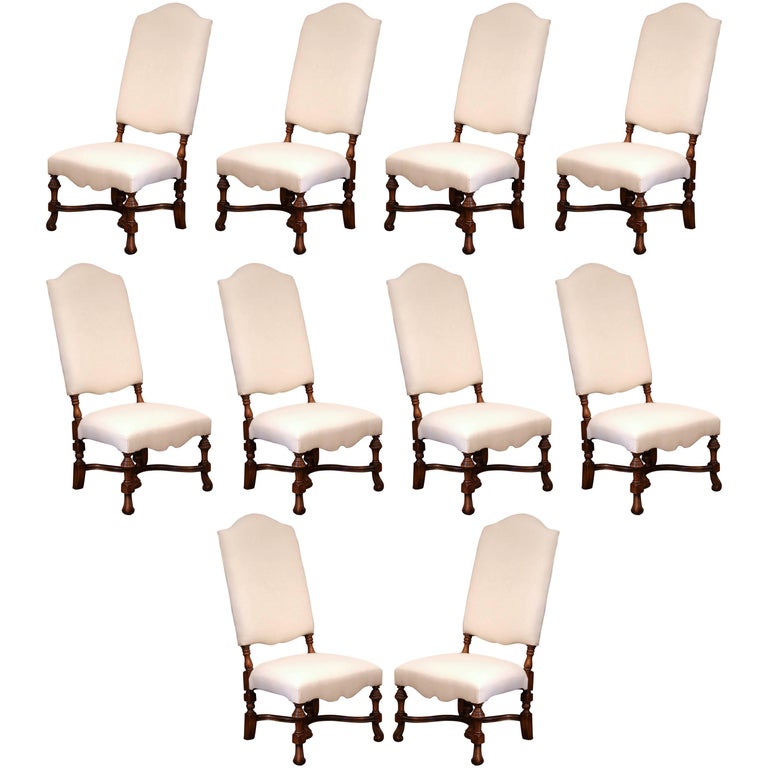 Set of Ten Large French Carved Walnut Dining Room Side Chairs with