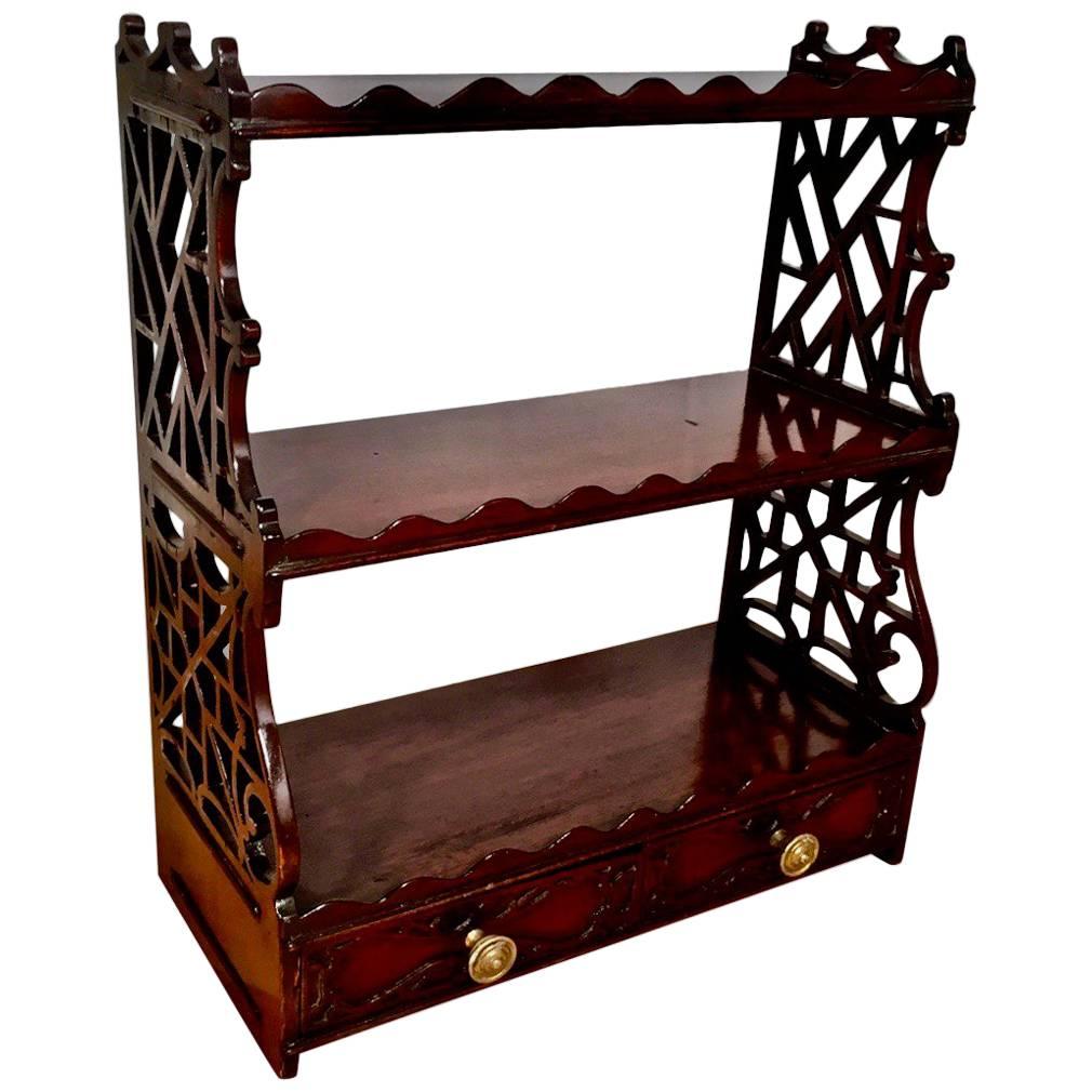 Chinese Chippendale Style Mahogany Hanging Shelf with Two Drawers