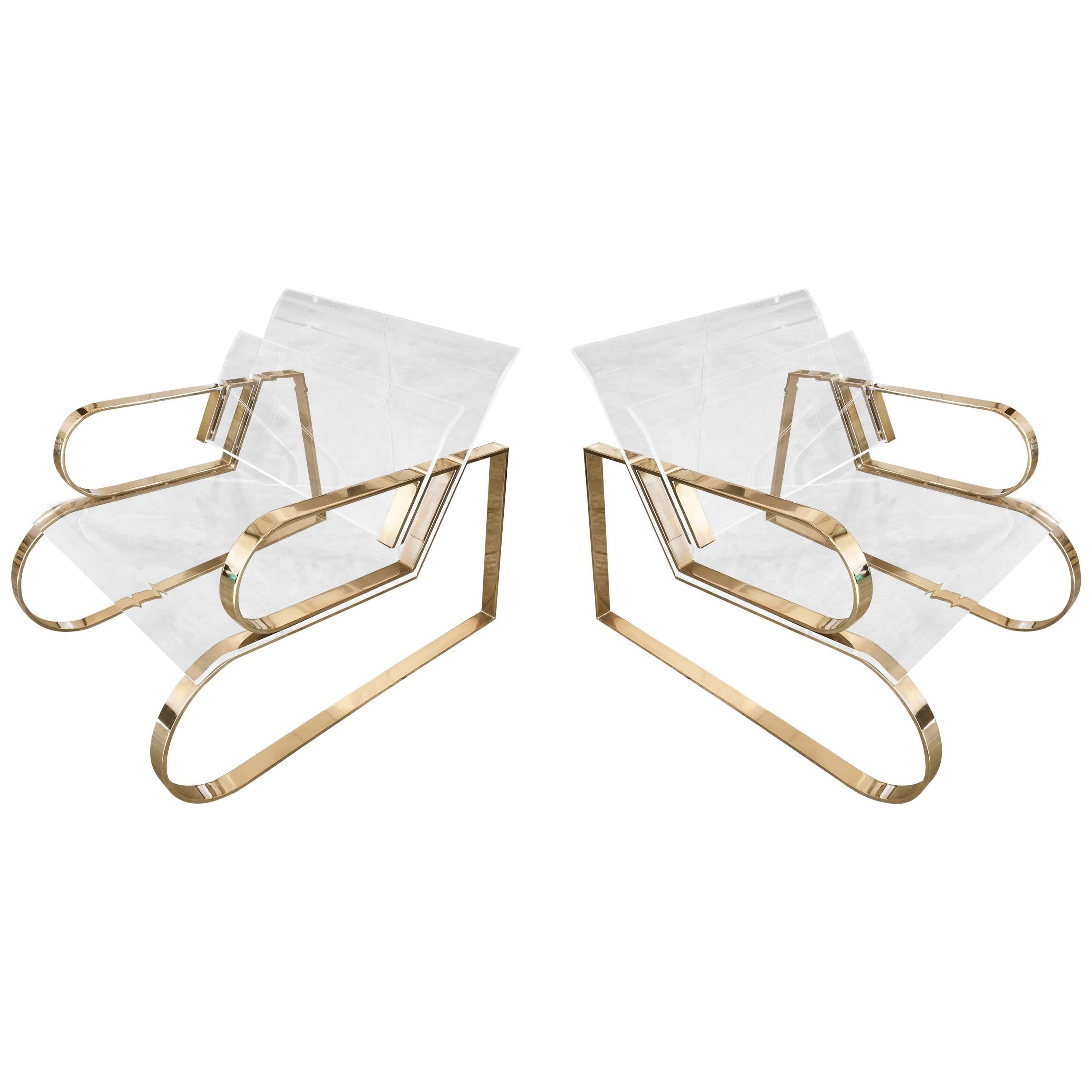 Pair of Brass & Lucite "Double Waterfall" Lounge Chairs by Charles Hollis Jones