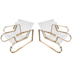 Pair of Brass & Lucite "Double Waterfall" Lounge Chairs by Charles Hollis Jones