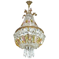 French Regency Empire Basket Chandelier/Gilt Bronze and Pink & Amber Cut Crystal
