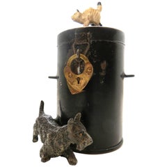 Antique Spelter Still Bank "Dog and Cat by Dustbin", German, circa 1920