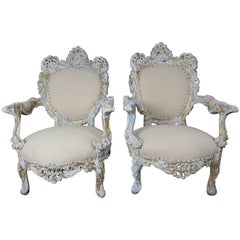 19th Century Painted and Parcel-Gilt French Armchairs, Pair