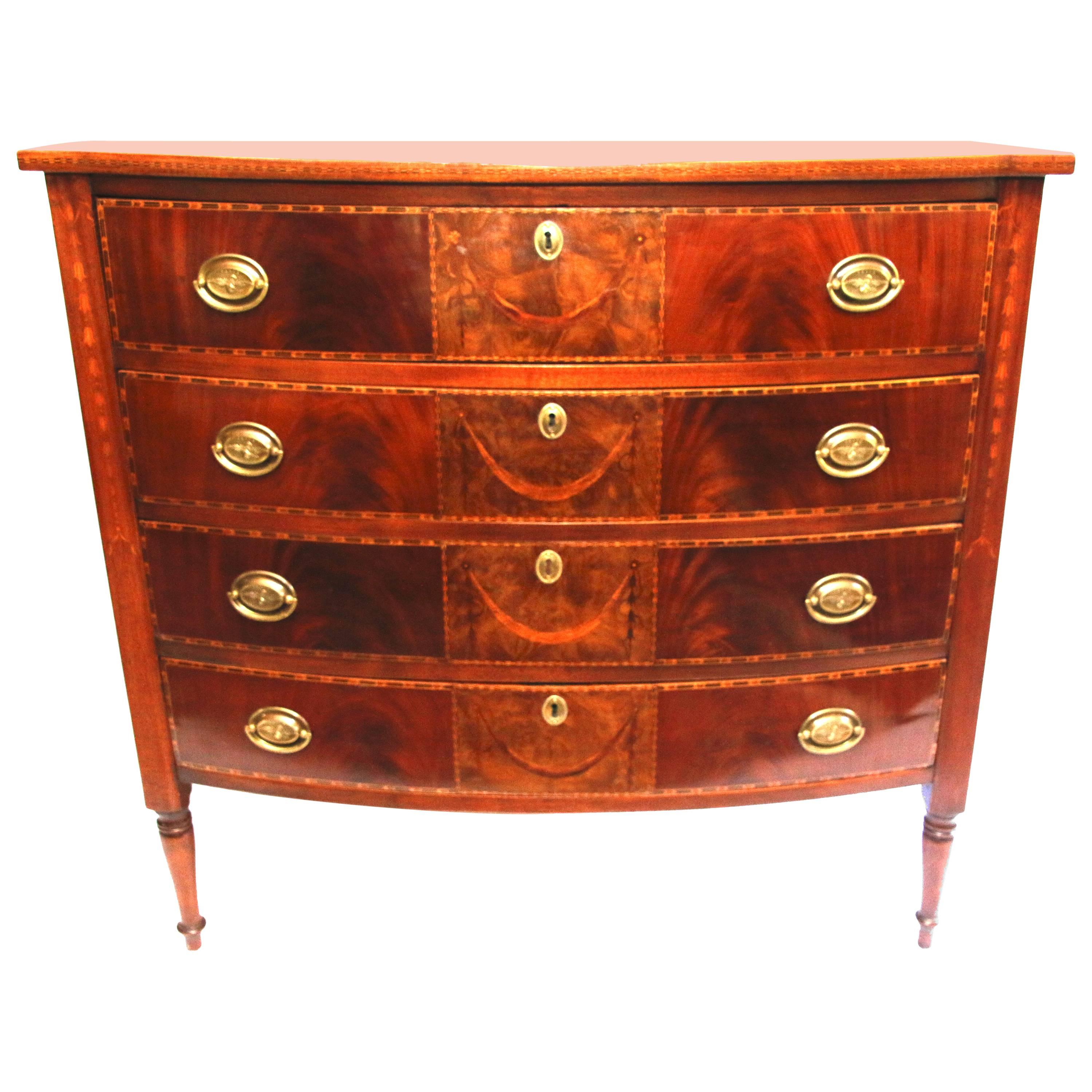 19th Century Sheraton Four-Drawer Inlaid Bowfront Chest of Drawers For Sale