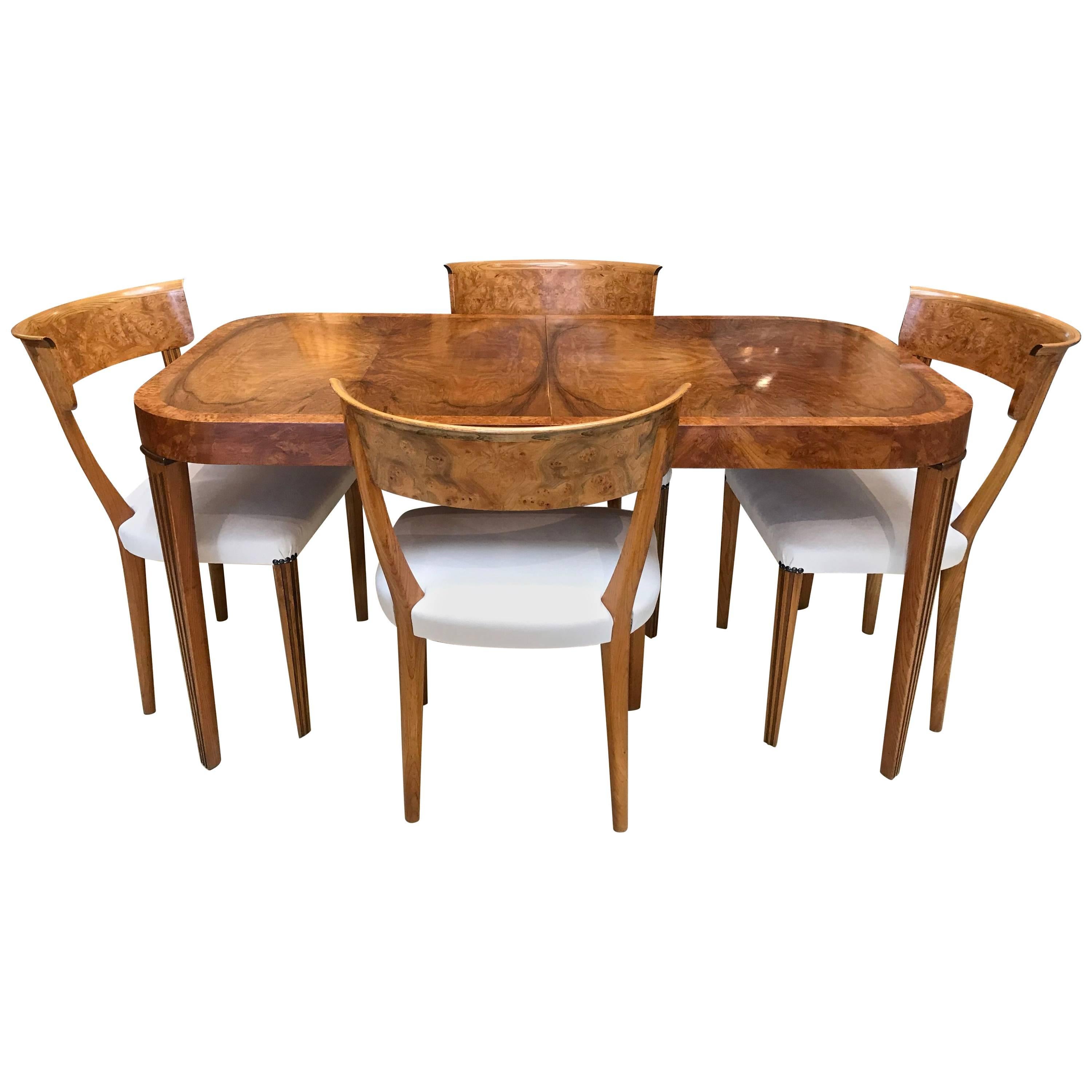Art Deco Burr Elm Dining Table and Four Chairs