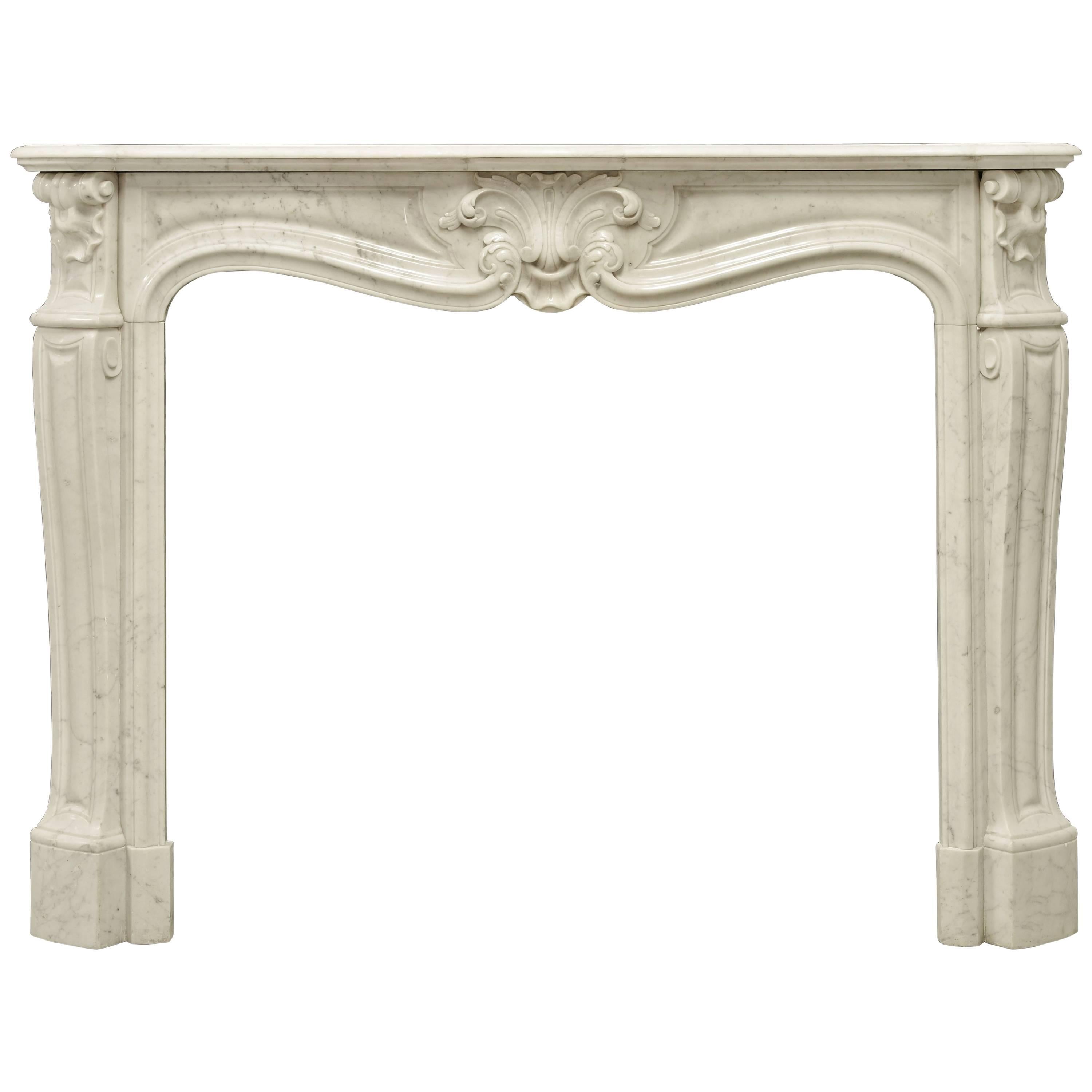 Antique Louis XV Style Fireplace Mantel in Carrara White Marble, 19th Century