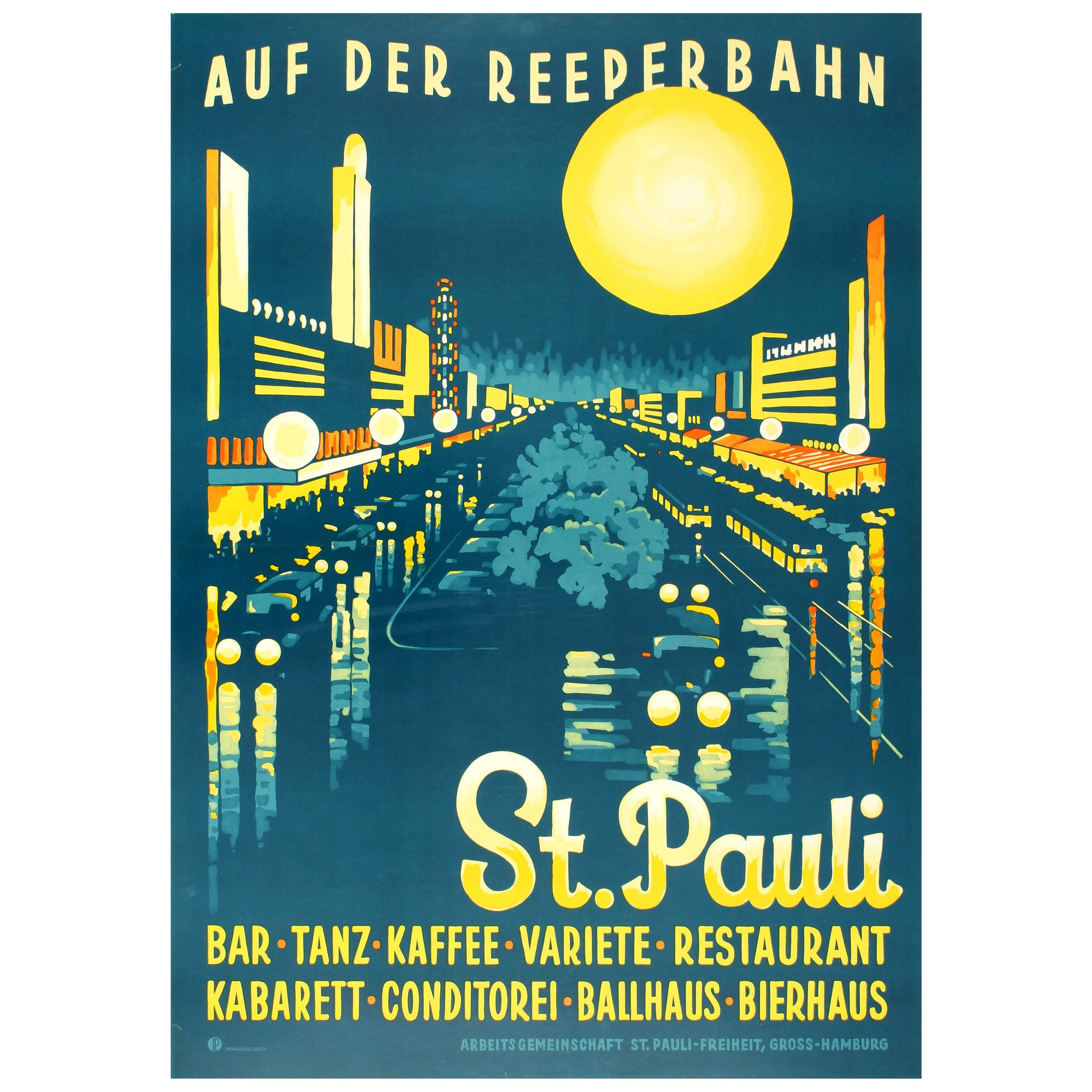 Original Vintage Art Deco Travel Poster for St Pauli Auf Der Reeperbahn at Night