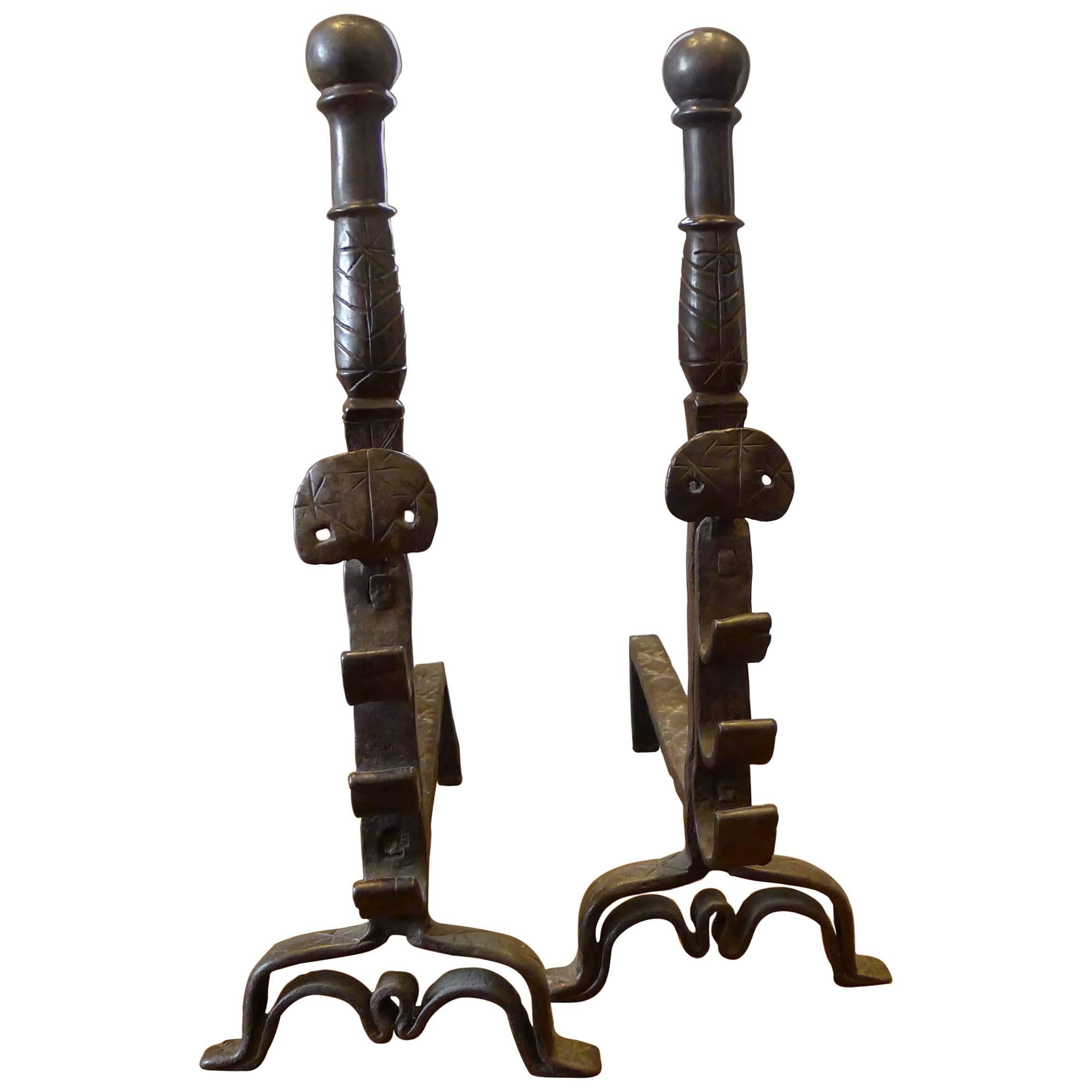 Wrought Iron Rustic Andirons, 17th Century For Sale