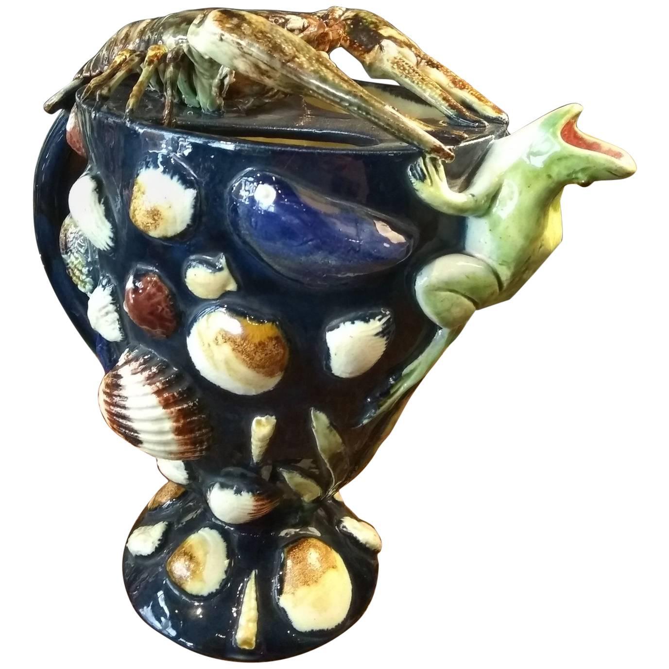 19th Century Palissy Style Ewer with Shellfishes, Thomas Victor Sergent For Sale