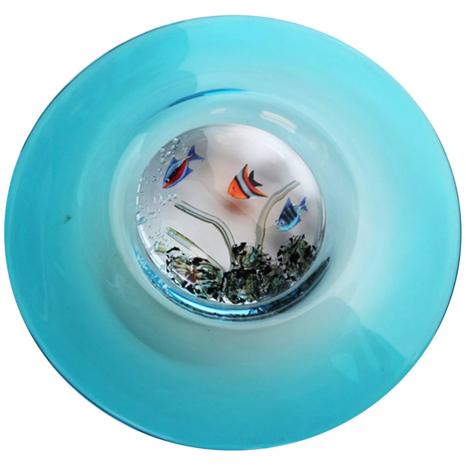 Romano Dona, Murano Glass, Fish Aquarium Disc Sculpture, 20th Century For Sale