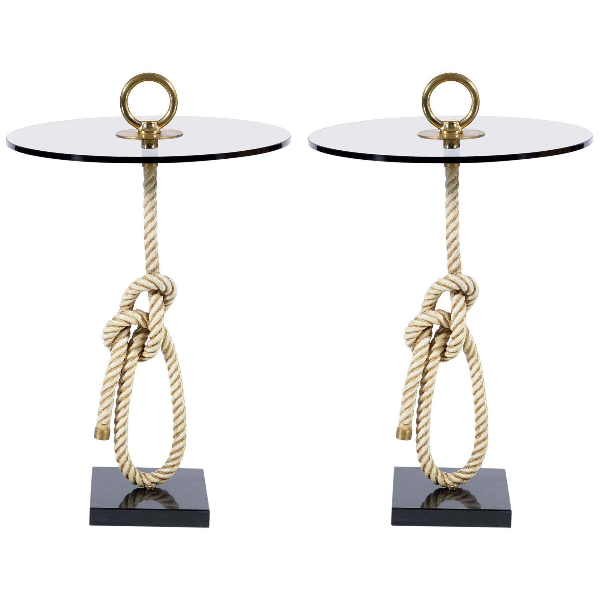 Midcentury Pair of Round "Rope" Side Table Bronze Handles Banci Firenze, Italy