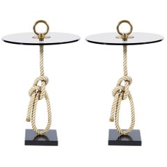 Midcentury Pair of Round "Rope" Side Table Bronze Handles Banci Firenze, Italy