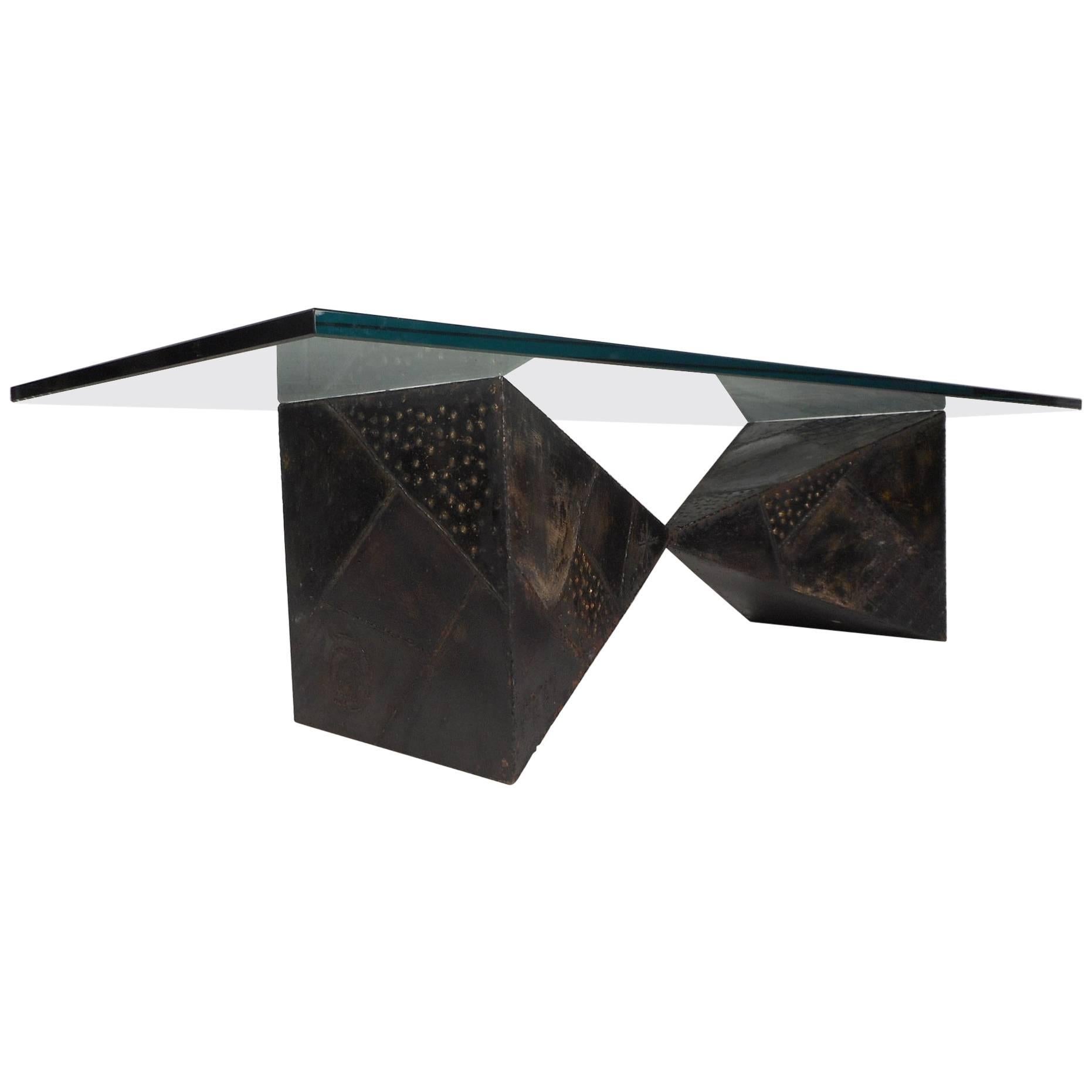 Stunning Glass Top Brutalist Coffee Table by Paul Evans for Directional