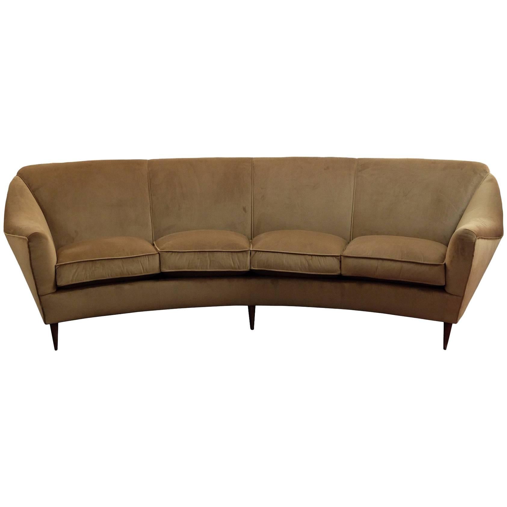 Large Curved Four-Seat Italian Sofa, Newly Upholstered in "Caramel" Velvet