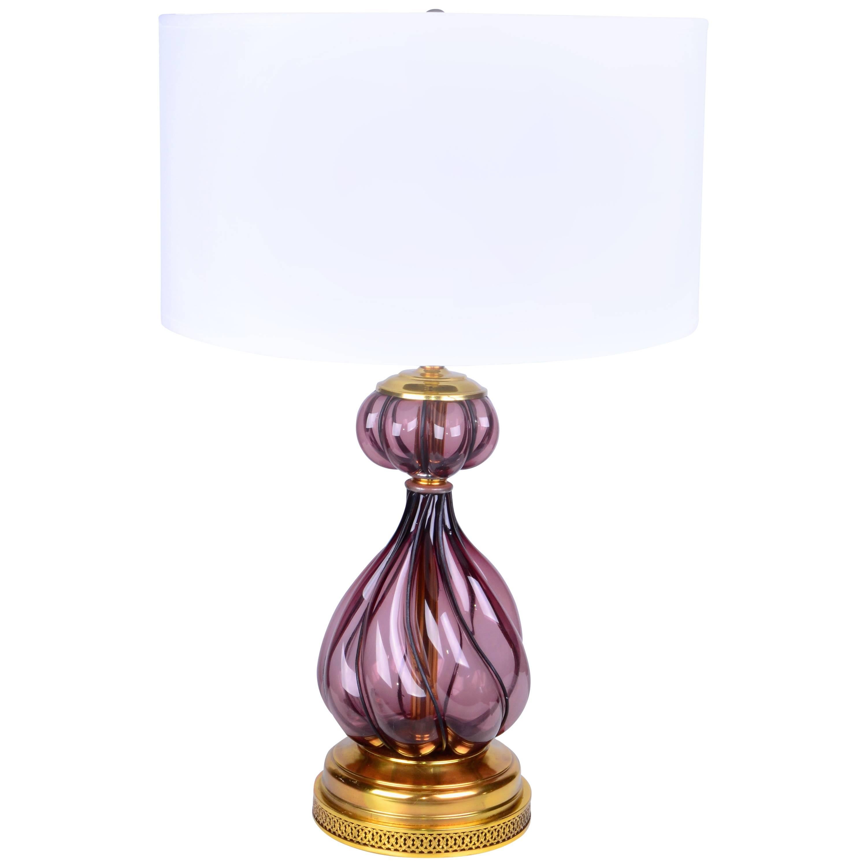 Italian Blown Purple Art Glass Brass Table Lamp Mid-Century Modern   For Sale