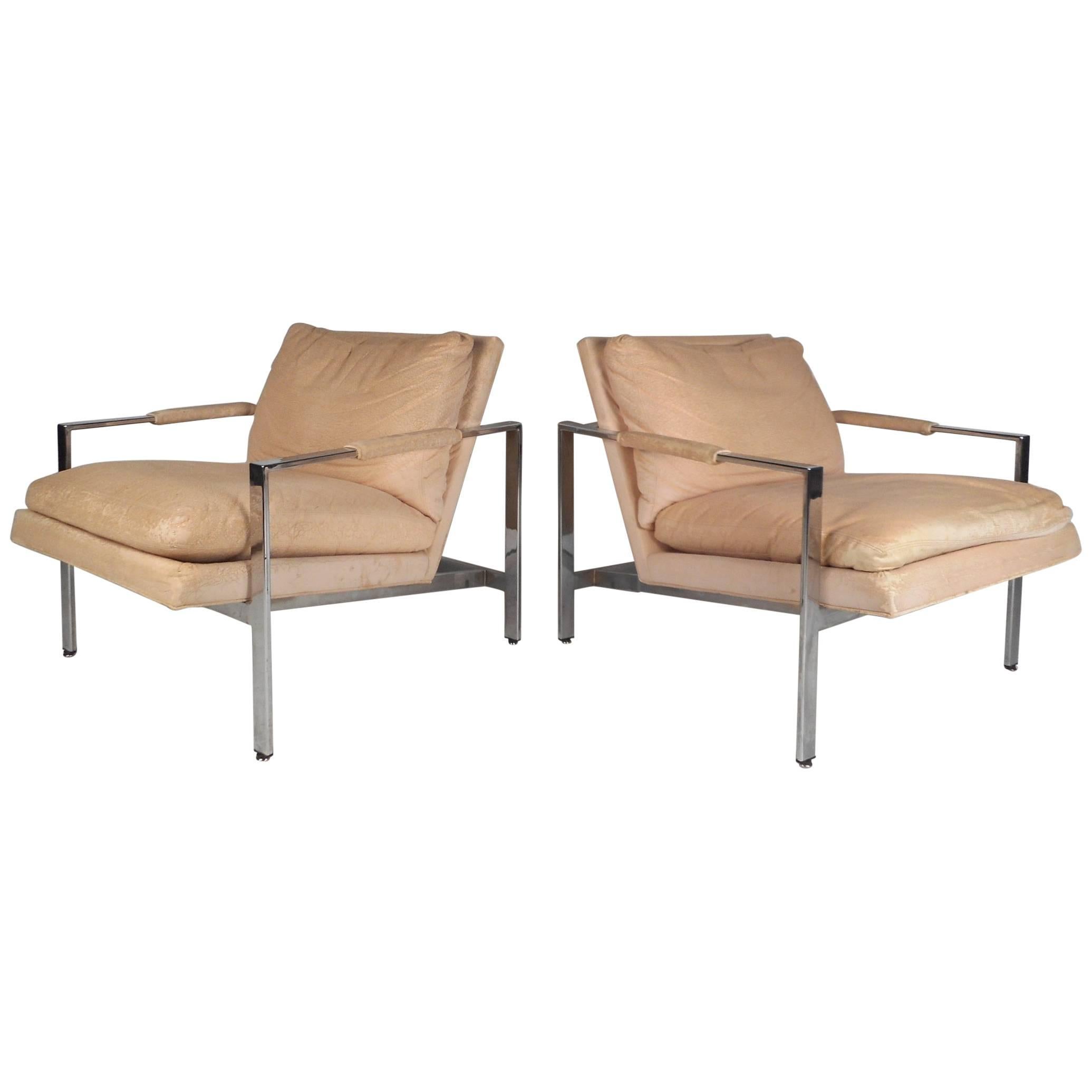 Pair of Flat Bar Chrome Lounge Chairs by Milo Baughman for Thayer Coggin
