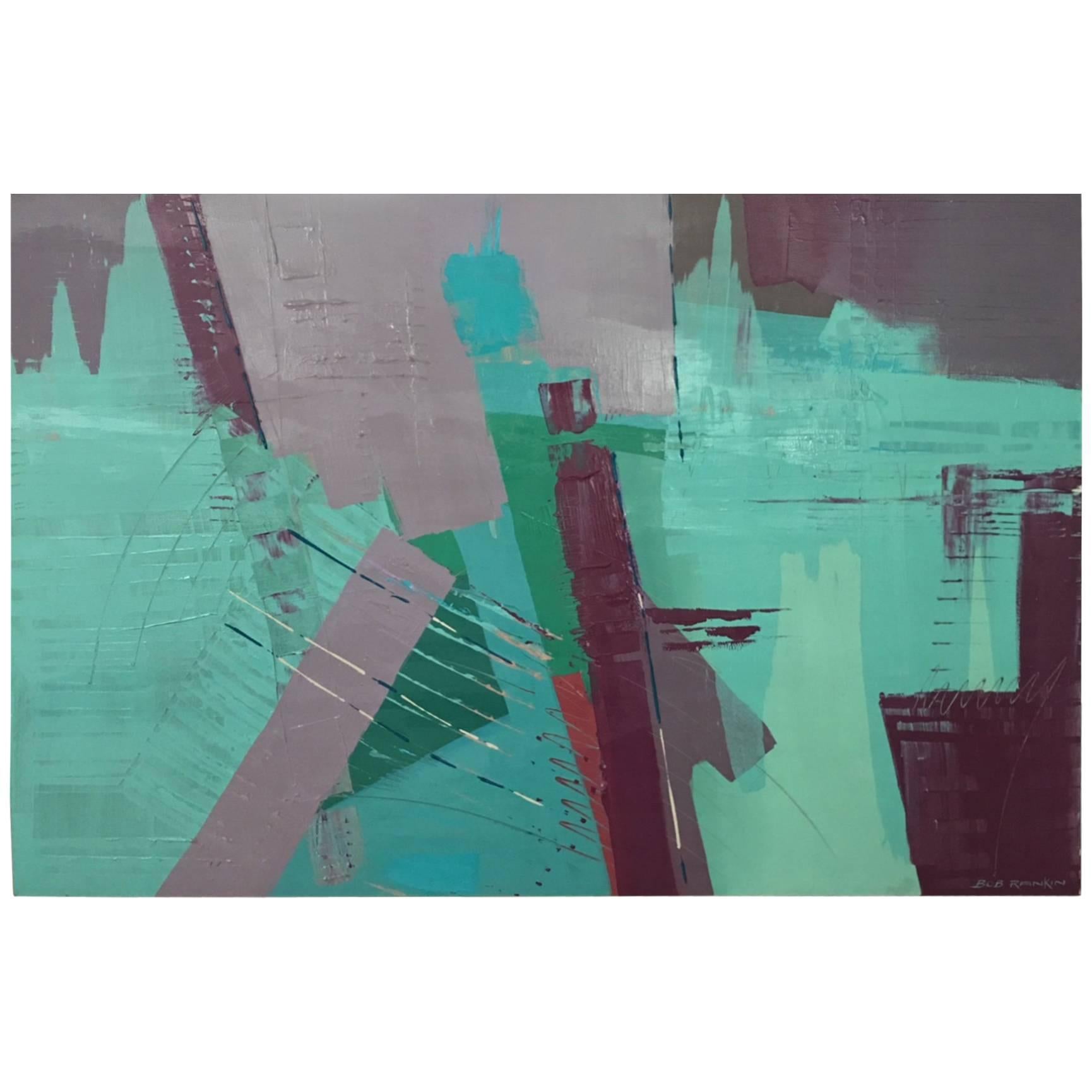 Original Bob Rankin Large Abstract Painting in Teal and Violet For Sale