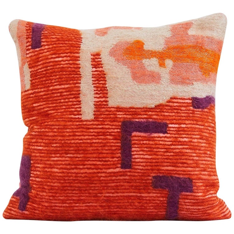 Handcrafted Embroidered Pillow Orange Gold and Beige Wool Yarn For Sale