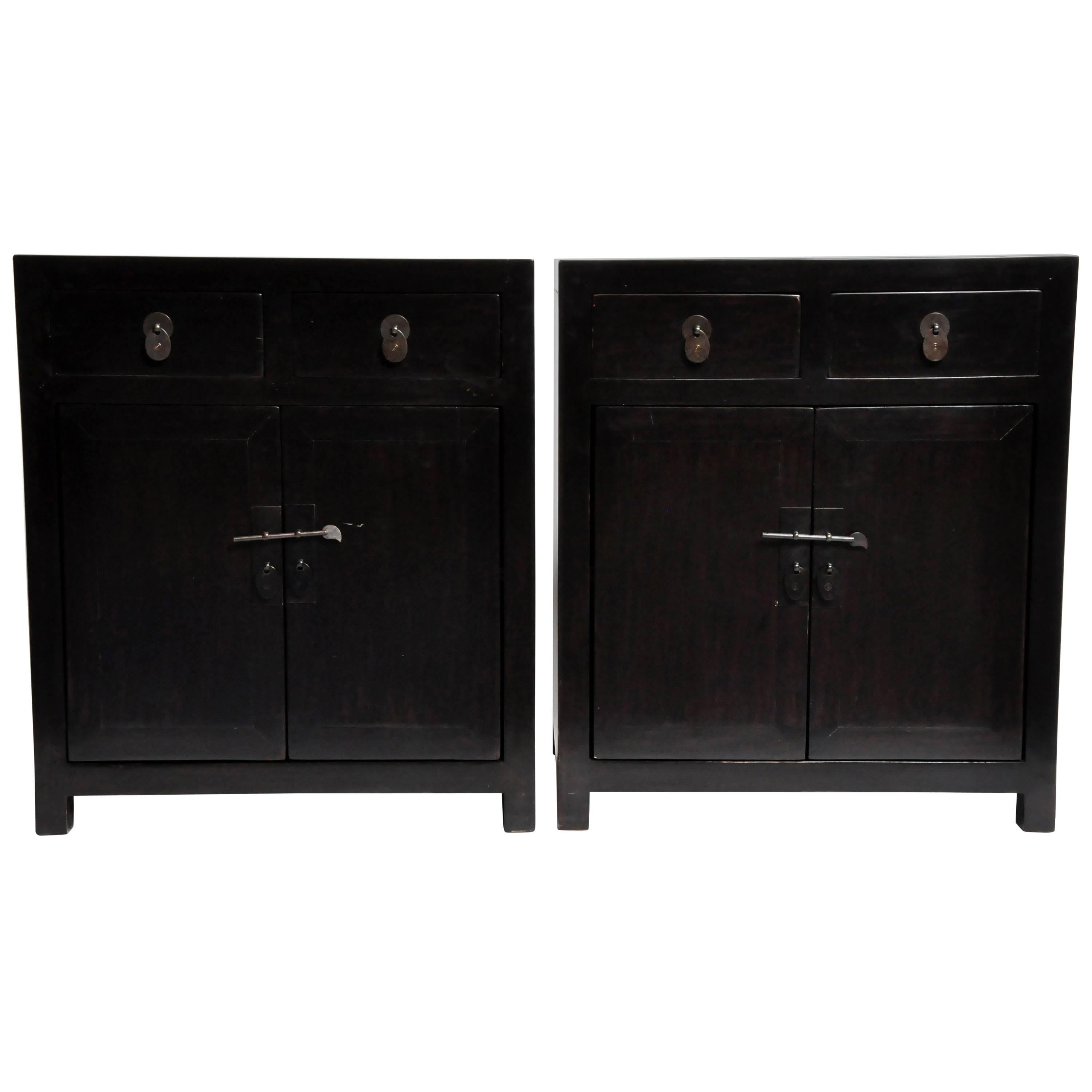 Pair of Chinese Side Chests with Two Drawers and a Shelf
