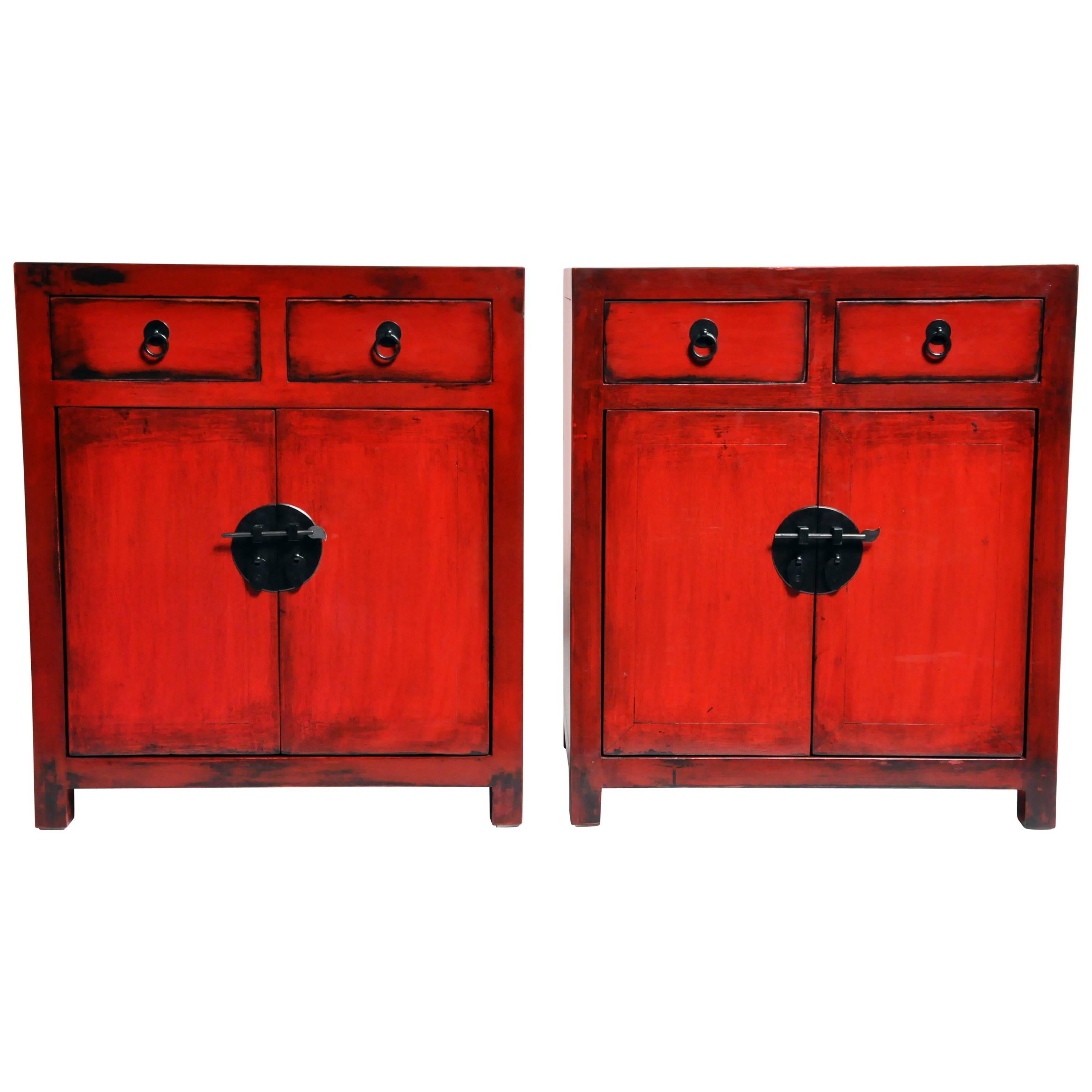 Pair of Red Lacquered Chinese Side Chests with Two Drawers and a Shelf