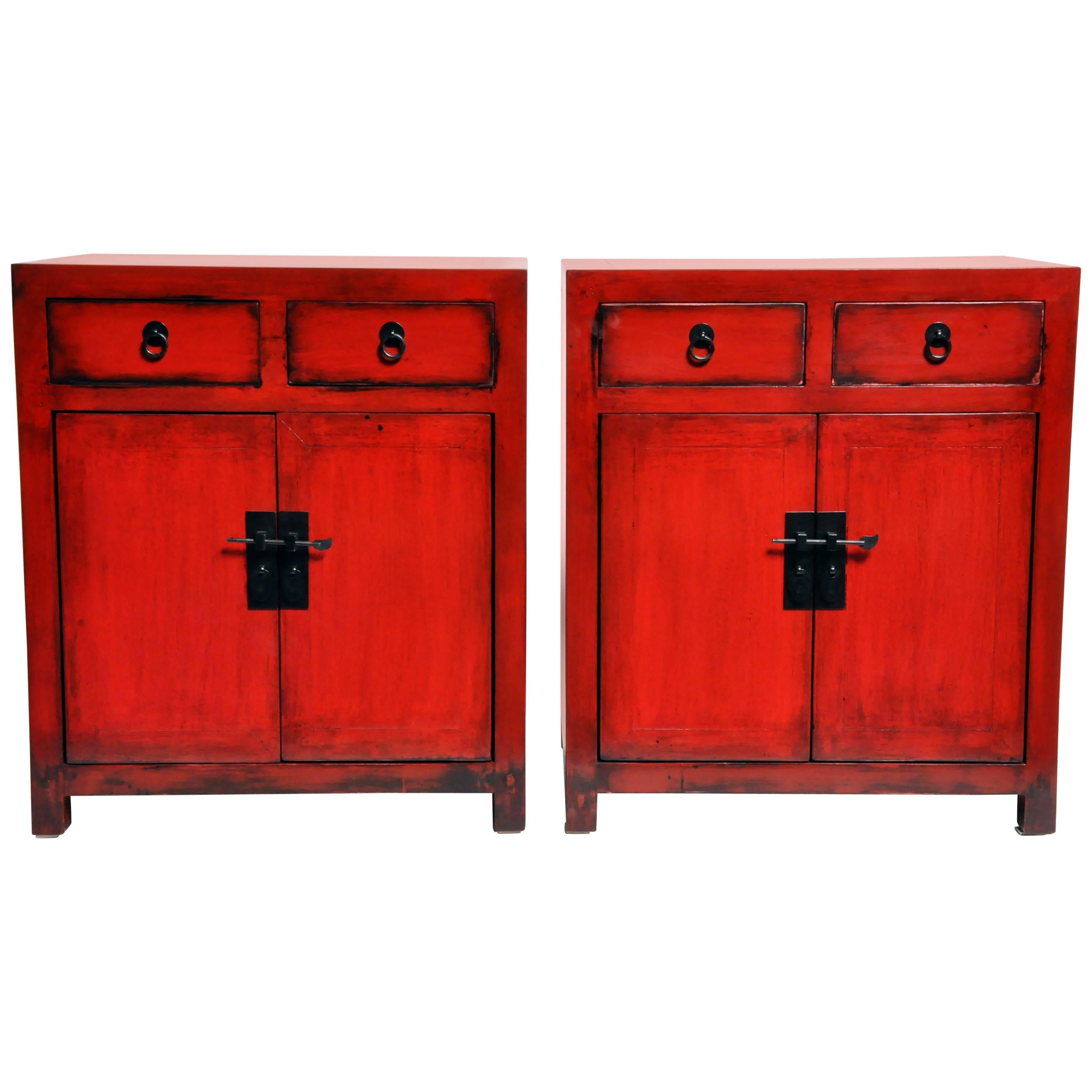 Pair of Red Lacquered Chinese Side Chests with Two Drawers and a Shelf