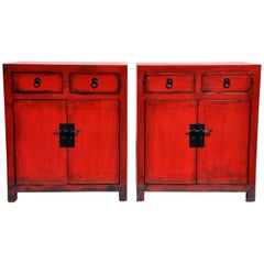 Pair of Red Lacquered Chinese Side Chests with Two Drawers and a Shelf