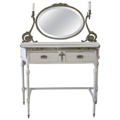 Antique Early 20th Century French Vanity with Bronze Mirror and Sconces