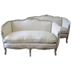 20th Century Carved and Painted Settee Upholstered in Belgian Linen