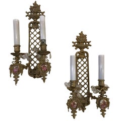 Pair of Neoclassical Brass Two-Light Wall Sconces