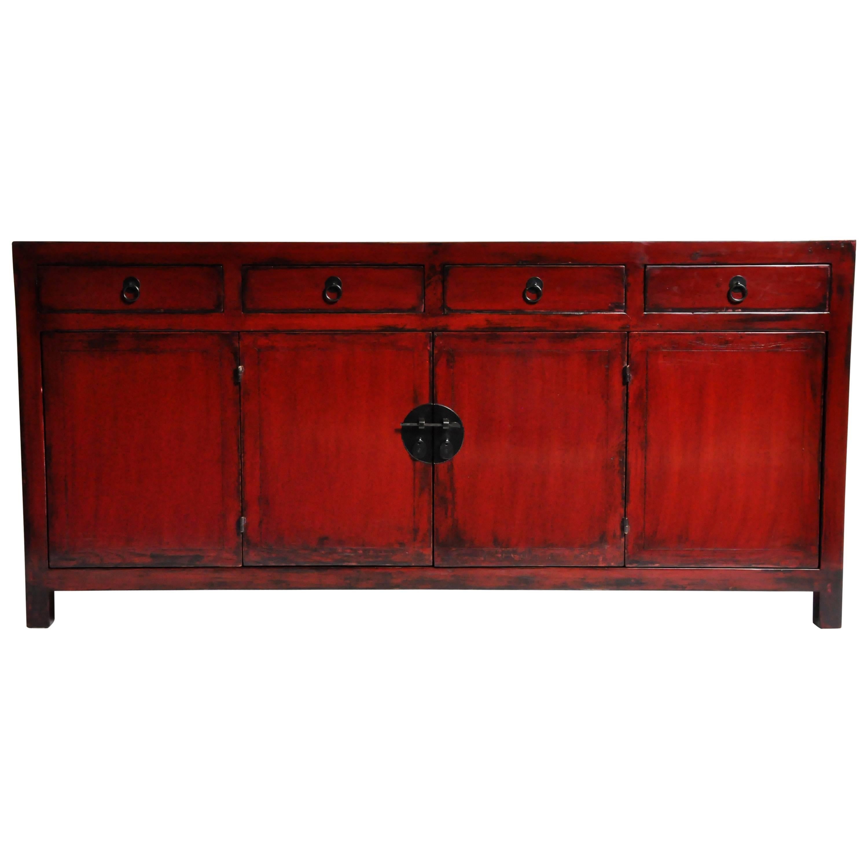 Red Lacquered Chinese Sideboard with Four Drawers and Bi-Folding Doors