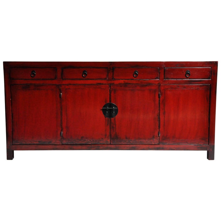 Red Lacquered Chinese Sideboard with Four Drawers and BiFolding Doors