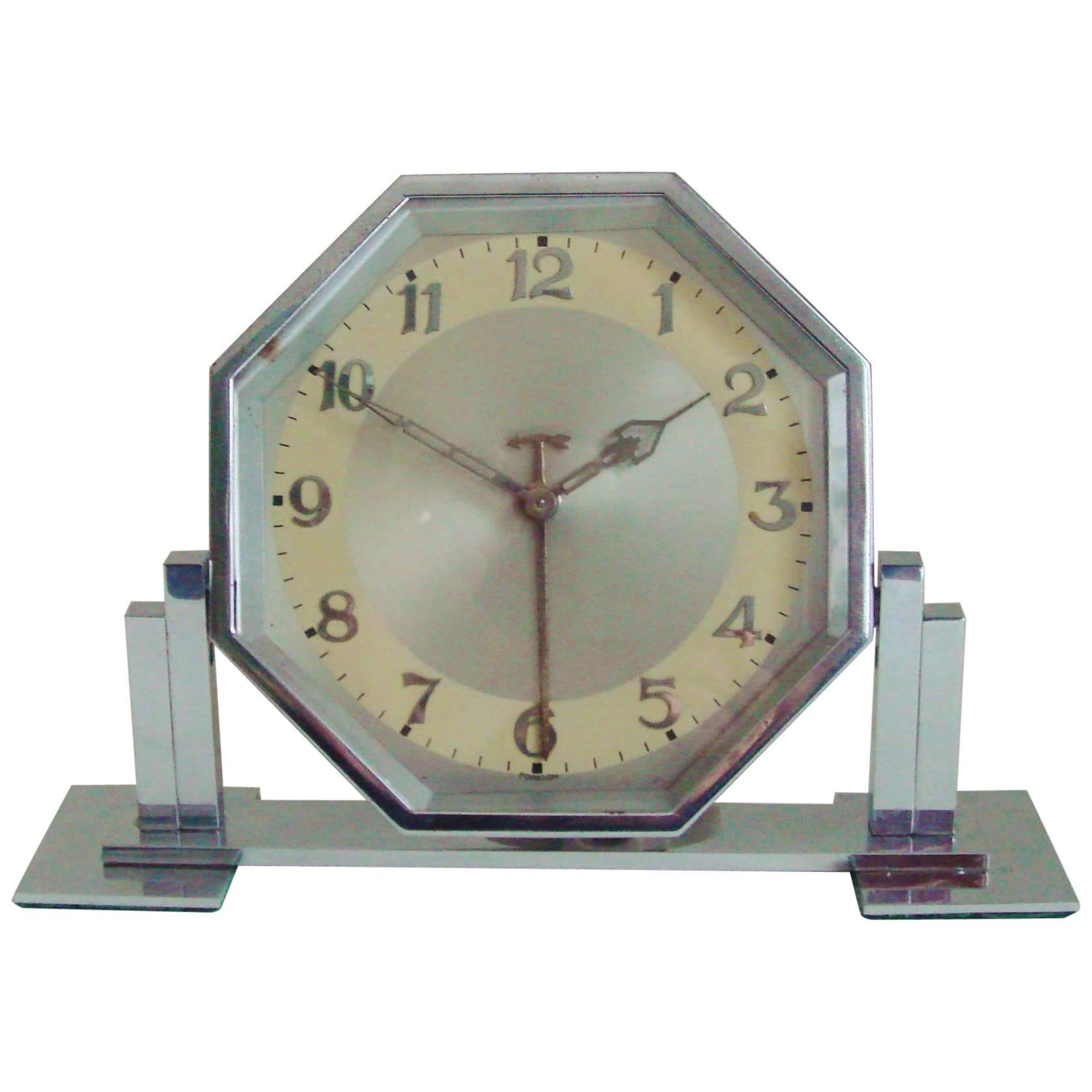Large German Art Deco Chrome Hexagonal Tilting Alarm Clock