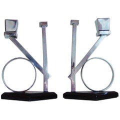 Rare Pair of Italian Futurist/Art Deco Chrome and Black Enamel Candlesticks