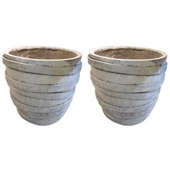 Banded Pattern White Stone Planters, Contemporary