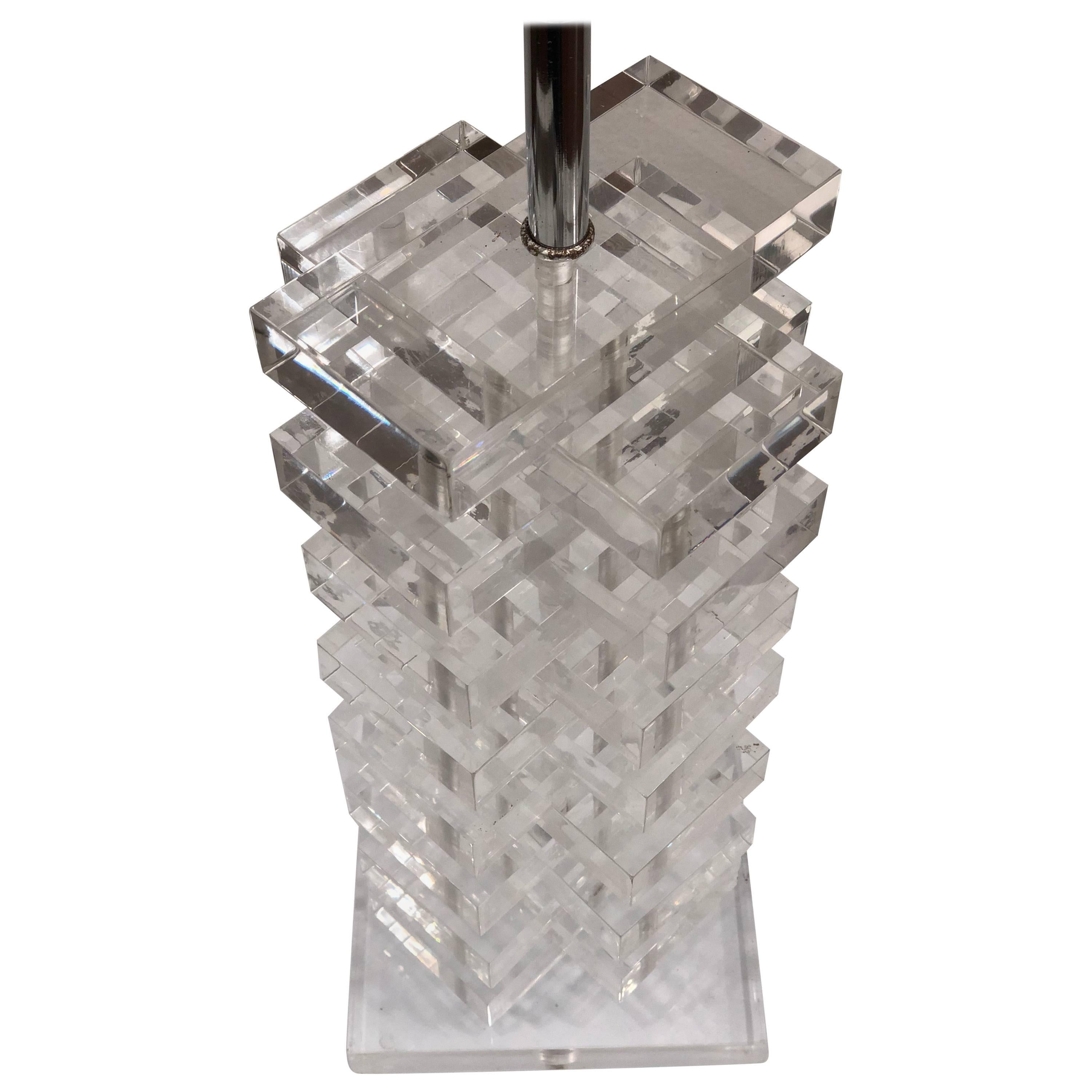 Solid Thick Lucite Criss Cross Table Lamp Base For Sale