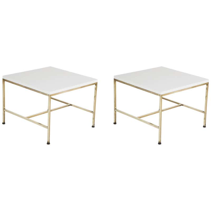 Pair of Brass End-Sofa Tables with Travertine Tops For Sale at 1stDibs