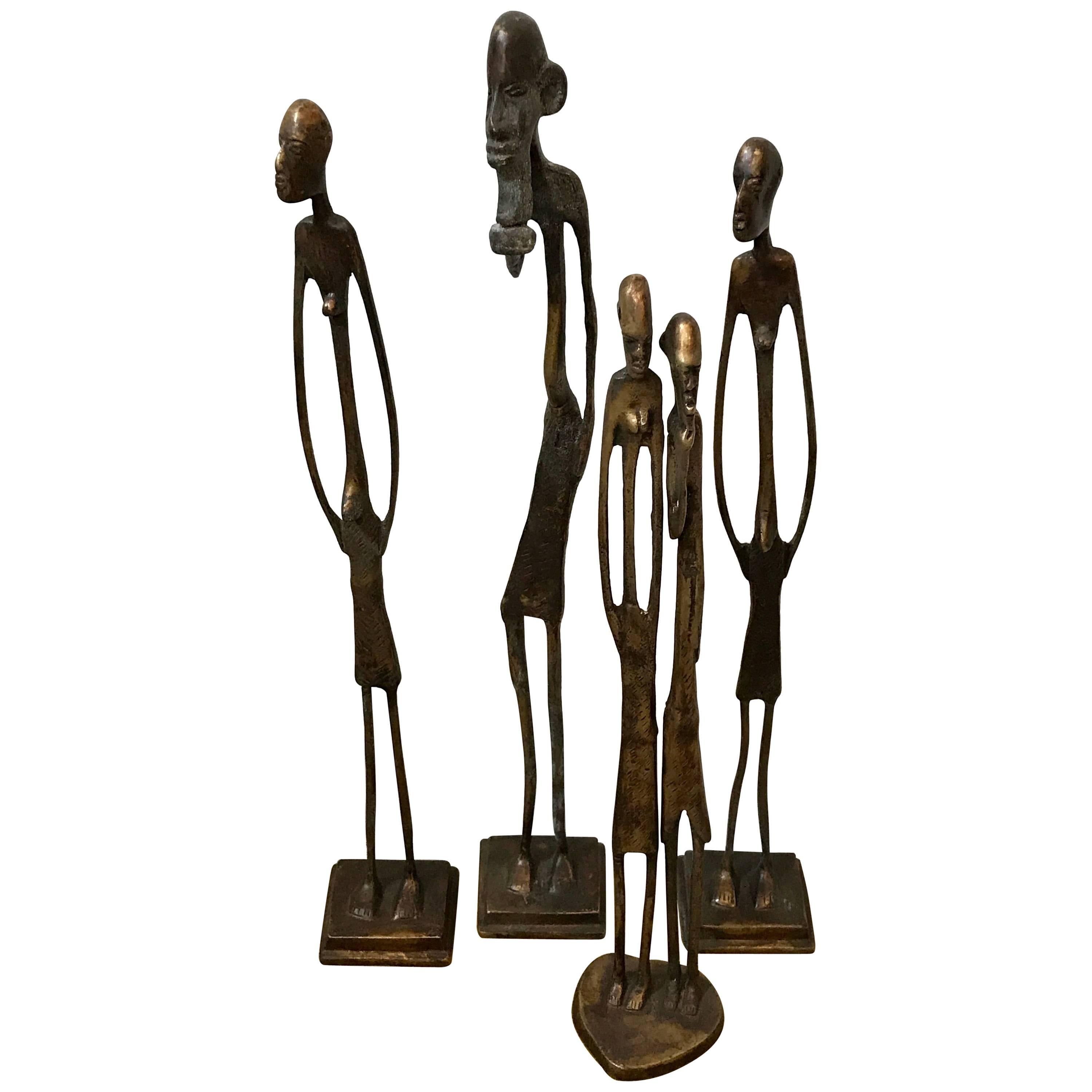 Four Brutalist Bronze Abstract African Figural Sculptures, Mid-Century Modern
