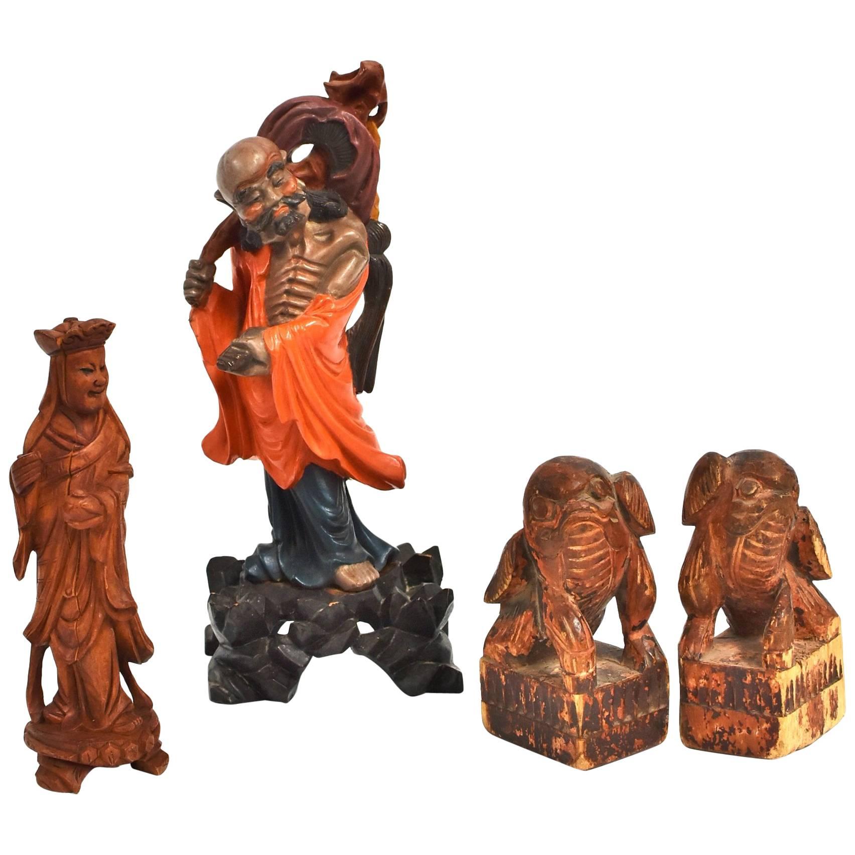 Lot of Four Antique and Vintage Chinese Wood Sculptures, Hand-Carved