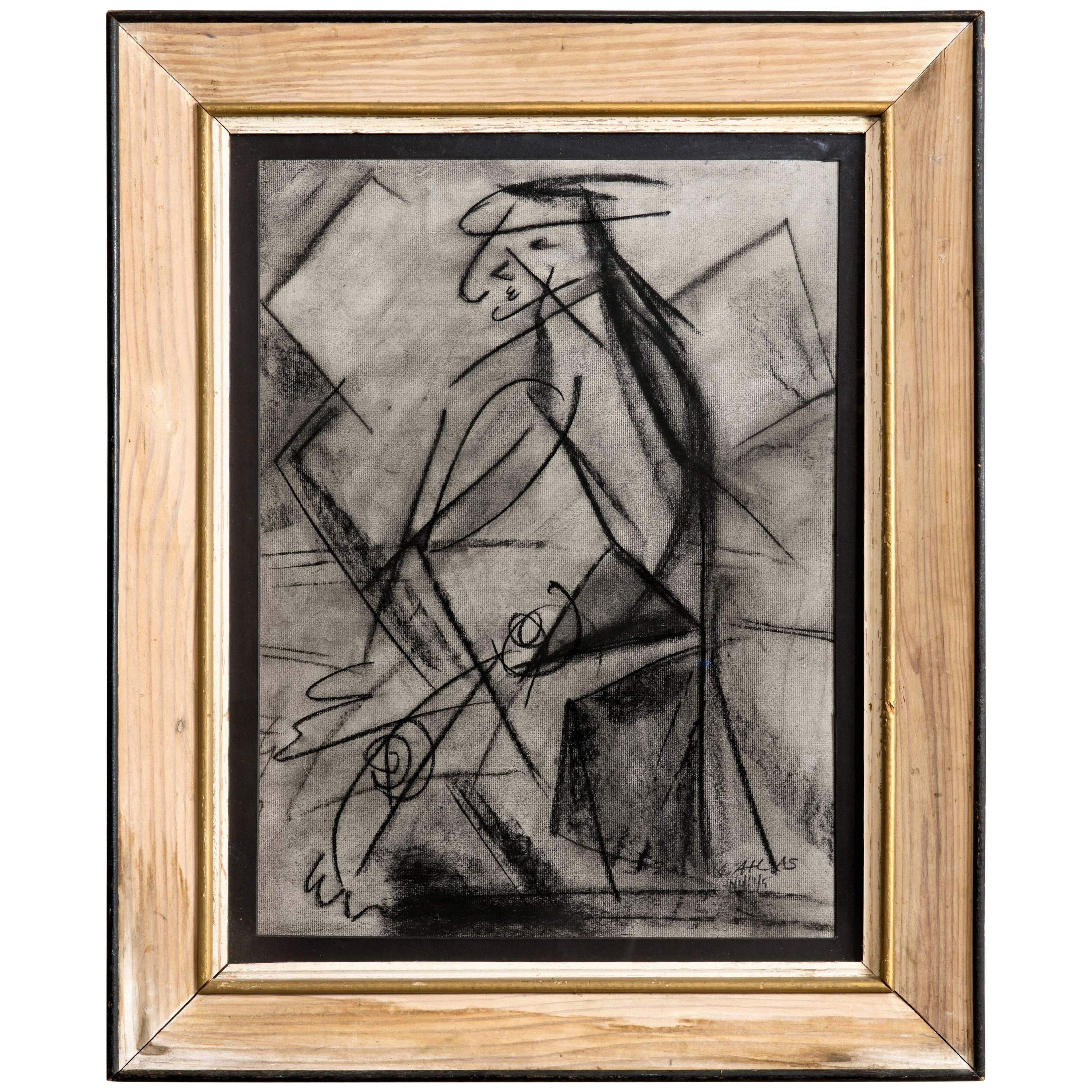 Charcoal Figural Drawing circa 1945 by Louis Atlas