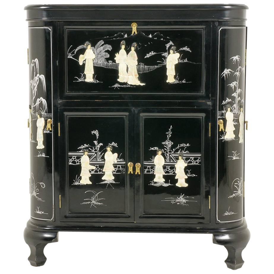 Chinese Lacquer Bar with Carved Hardstone 