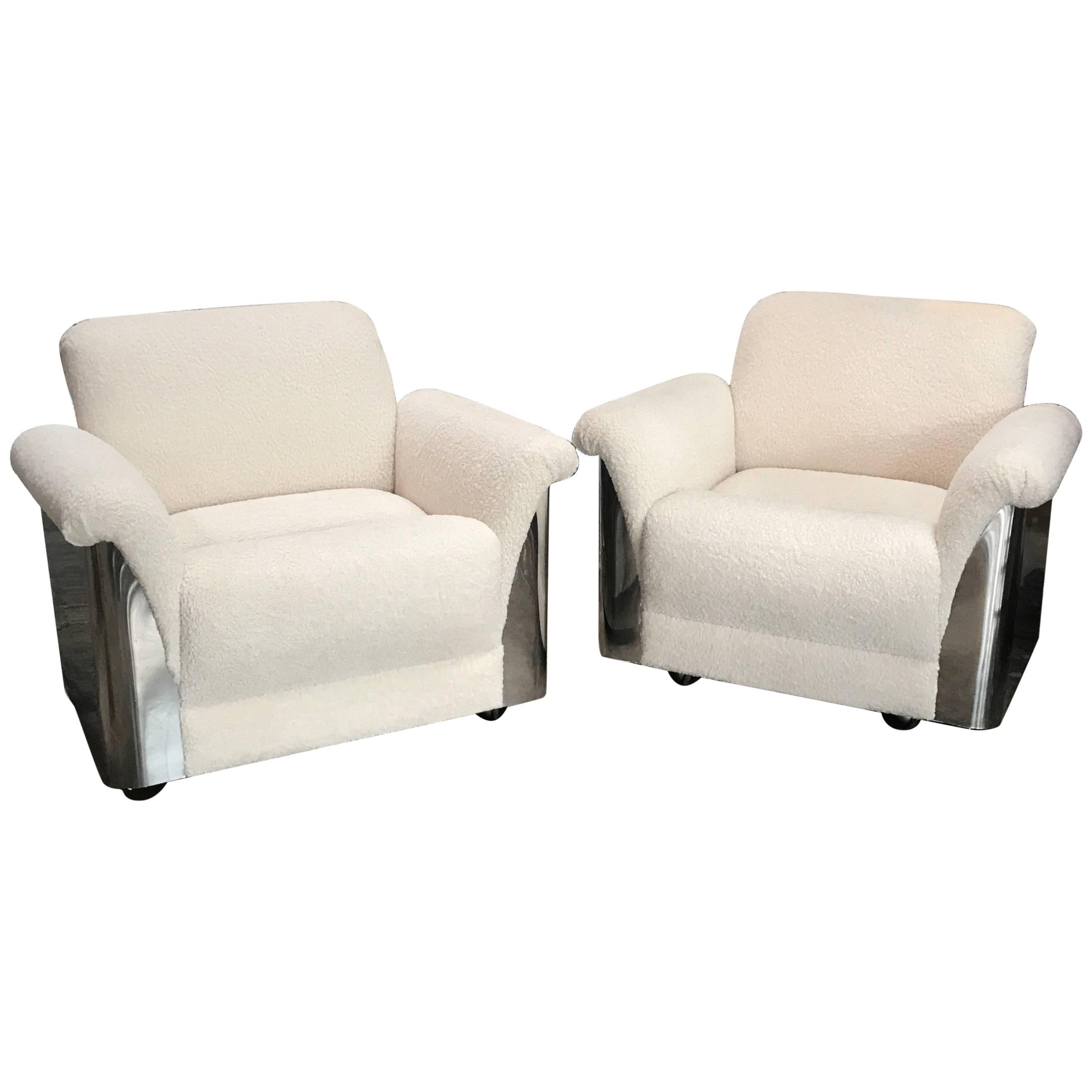 Pair of Italian Armchairs with New Upholstery and Chromed Steel Bases