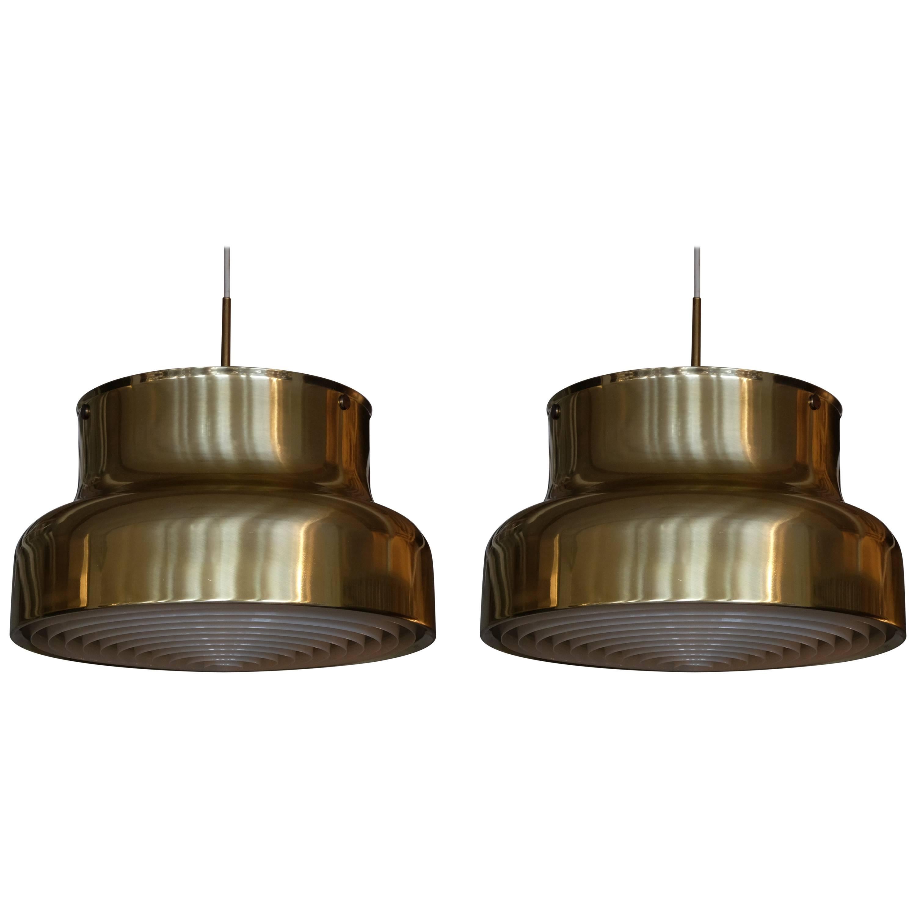 Pair of Large Bumling Ceiling Pendants in Brass, Sweden, 1960s
