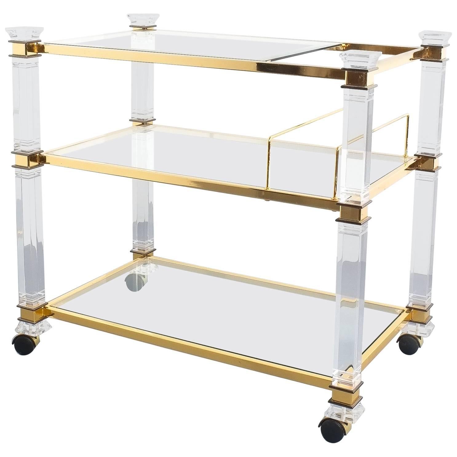 Romeo Rega Bar Cart Table Lucite Glass Gold Brass, 1970