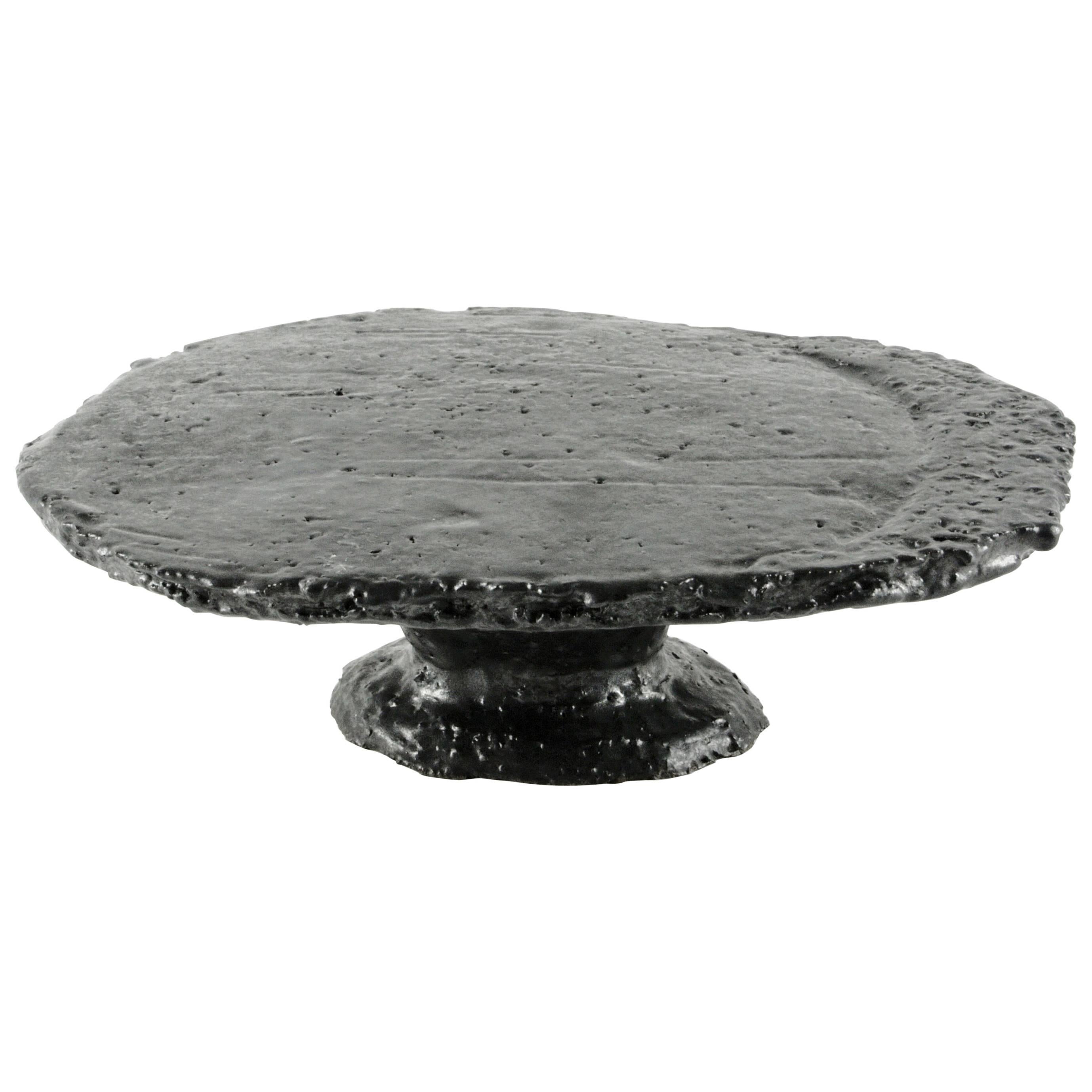 Contemporary Grey Stoneware Platform with Black metallic Glaze