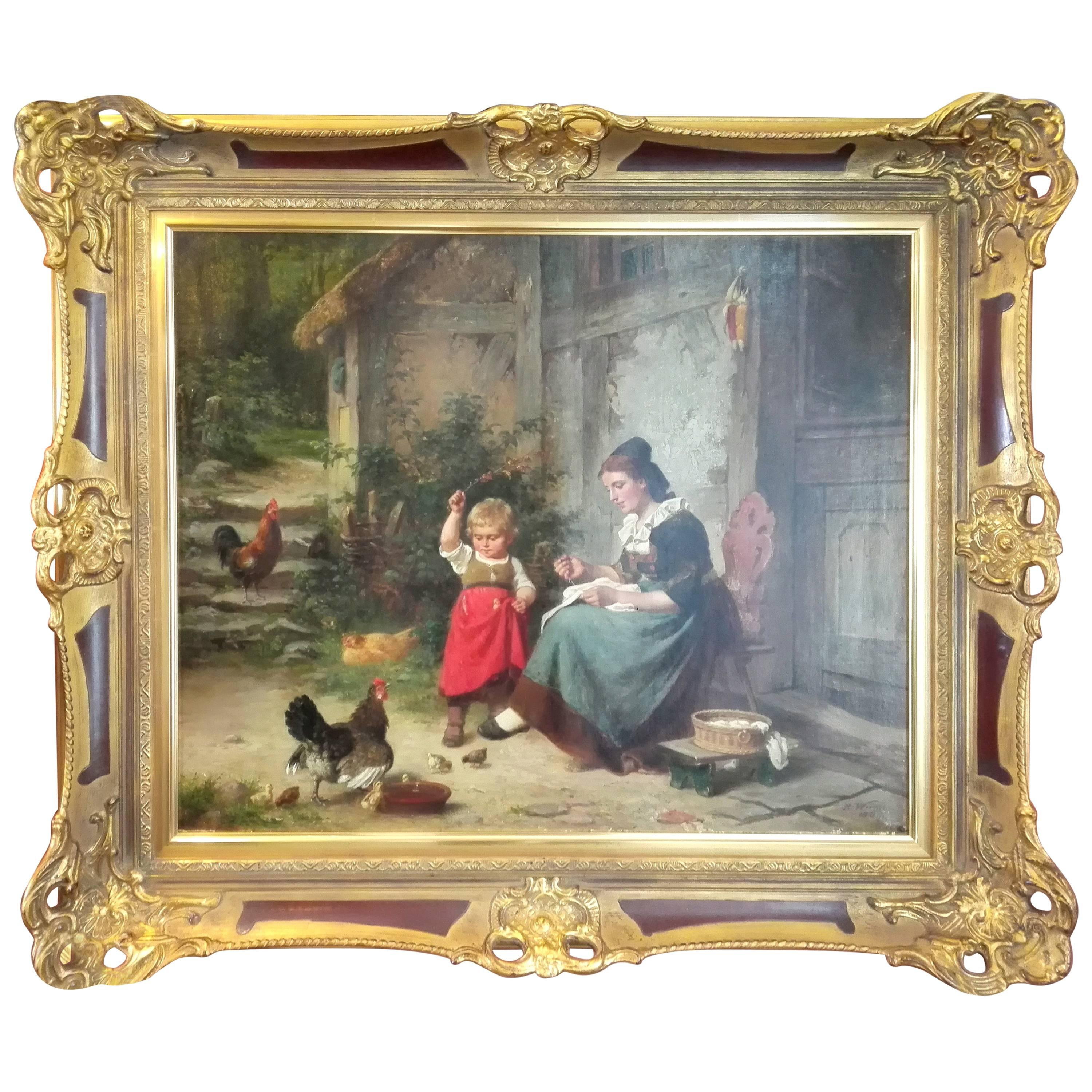 19th Century German Duesseldorfer Schule Genre Oil Painting Hermann Werner  For Sale