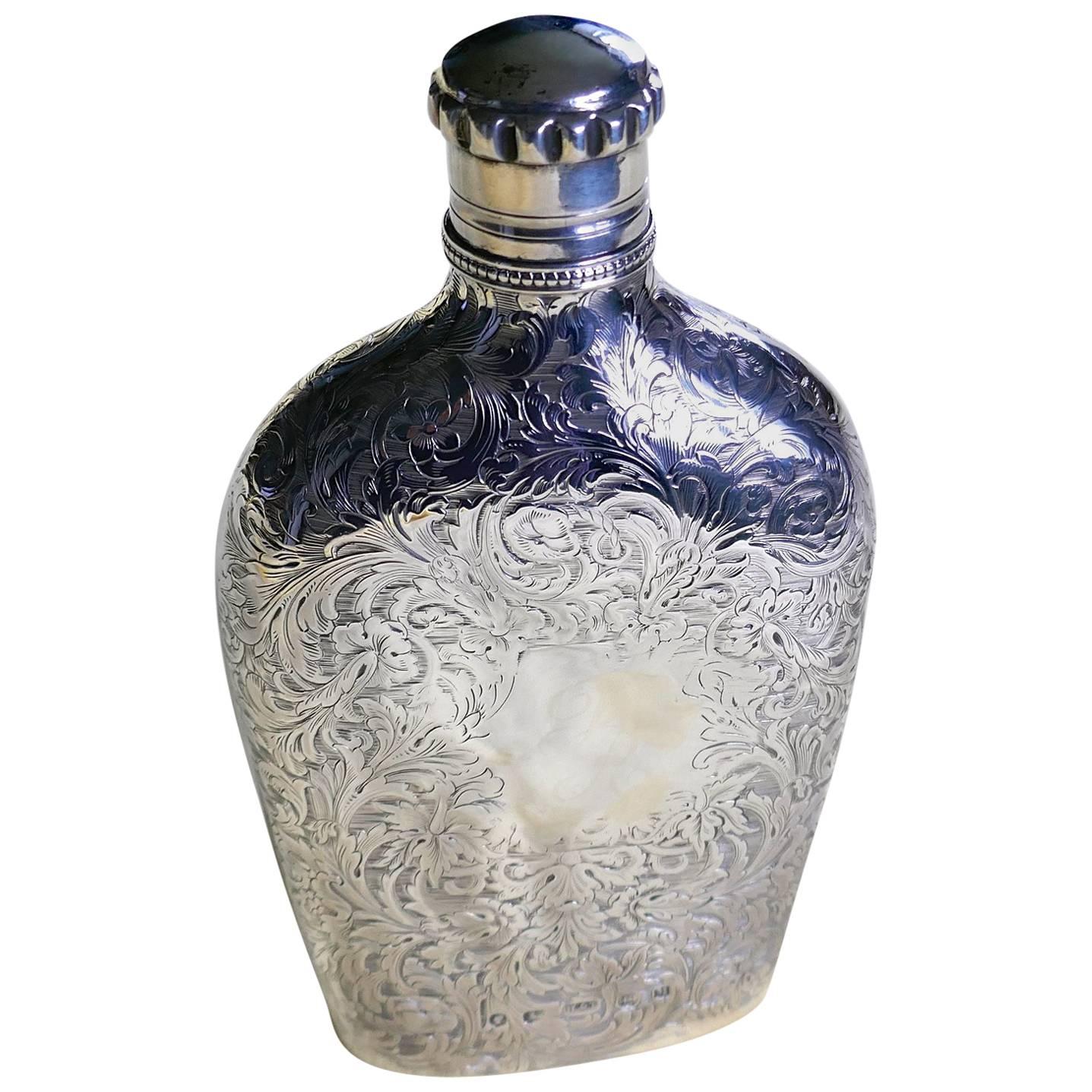 Decoratively Engraved Victorian Silver Spirit Flask, Hilliard & Thomason 1861