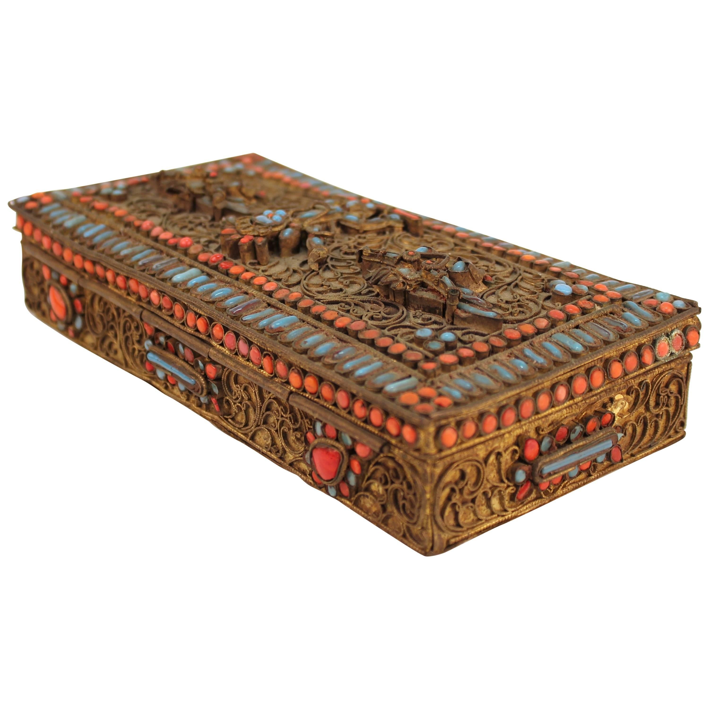 Chinese-Tibetan Filigree Brass Box with Turquoise and Coral